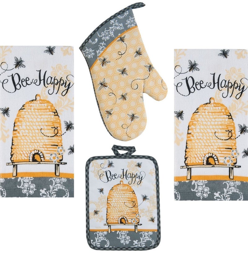 Kay Dee 4 Piece Bee Happy Kitchen Set  2 Terry Towels Oven Mitt Potholder