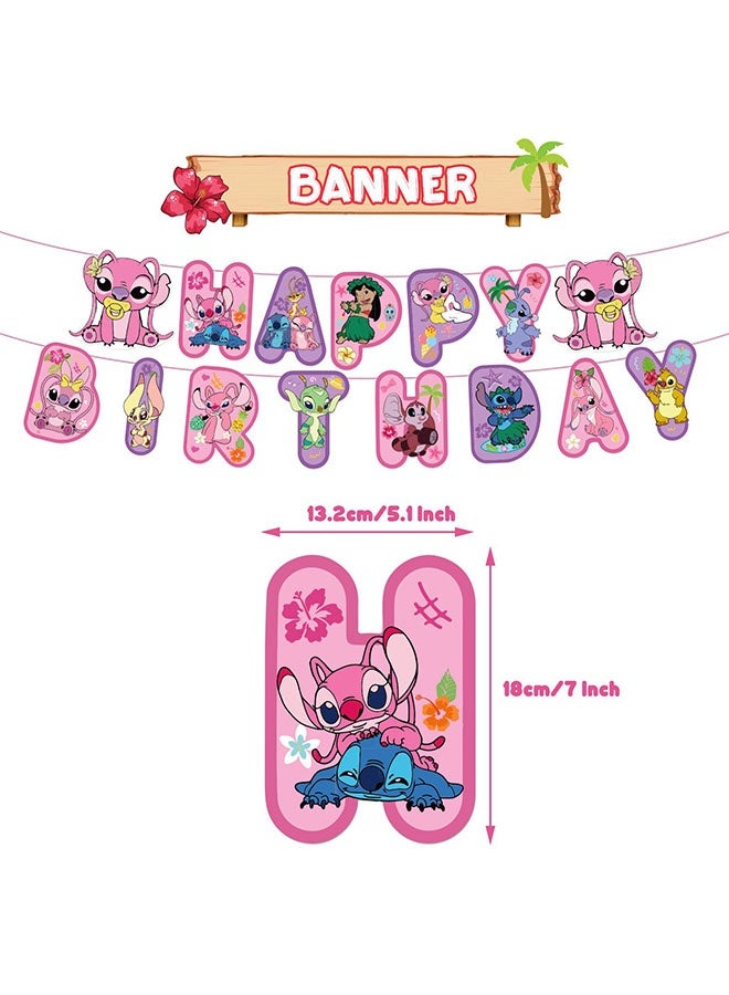 Lilo & Stitch Pink Party Supplies, Pink Girl Stitch Birthday Decoration,& Lilo Cartoon Theme Party Favors for Girls Included Happy Birthday Banner, Cupcake Toppers, Latex Balloons- 46 Pcs - Image 3