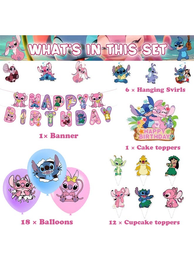Lilo & Stitch Pink Party Supplies, Pink Girl Stitch Birthday Decoration,& Lilo Cartoon Theme Party Favors for Girls Included Happy Birthday Banner, Cupcake Toppers, Latex Balloons- 46 Pcs - Image 2