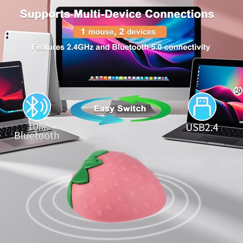 كاست ويف فأرة لاسلكية بلوتوث، وضع مزدوج 2.4GHz وبلوتوث، فأرة كمبيوتر بصرية 1000DPI، فأرة على شكل فراولة لطيفة مع مستقبل USB، فأرة هادئة محمولة للابتوب، الكمبيوتر الشخصي، الكمبيوتر، وردي - Image 2