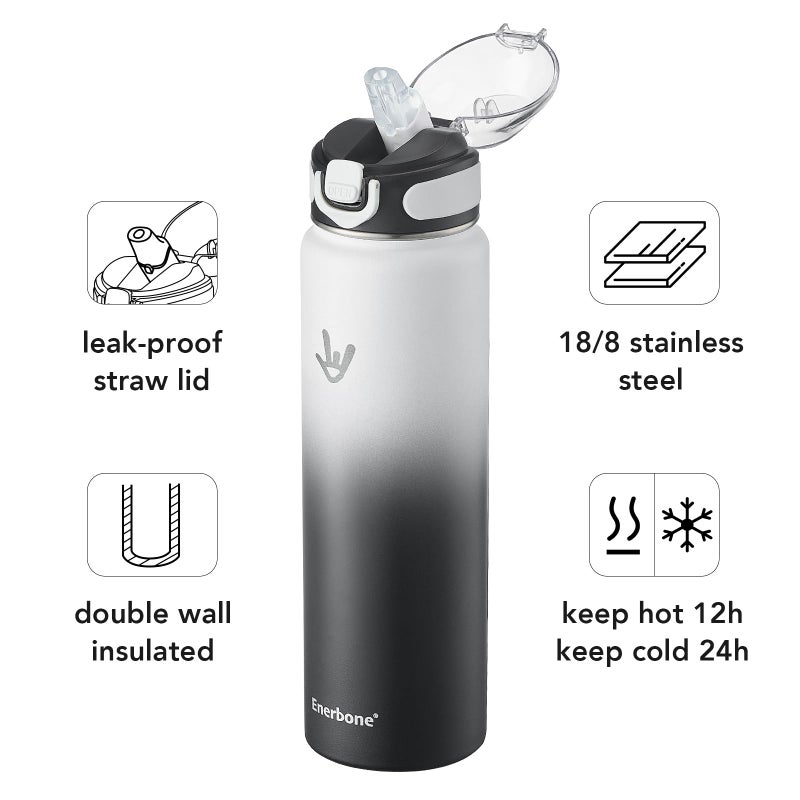 Enerbone 32 oz Insulated Water Bottle, Stainless Steel Bottle with Carrying Strap, Double-Wall Vacuum Insulation Design, Leakproof Sports Bottle with Straw, Keep Drinks Cold or Hot for Hours - Image 2