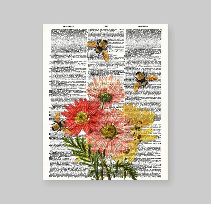 Susie Arts 8X10 Unframed Bees with Flowers Upcycled Vintage Dictionary Art Print Book Art Print Home Decor Wall Art V116 - Image 2