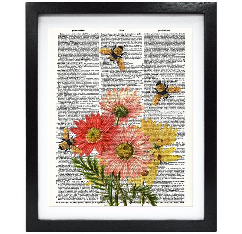 Susie Arts 8X10 Unframed Bees with Flowers Upcycled Vintage Dictionary Art Print Book Art Print Home Decor Wall Art V116 - Image 4