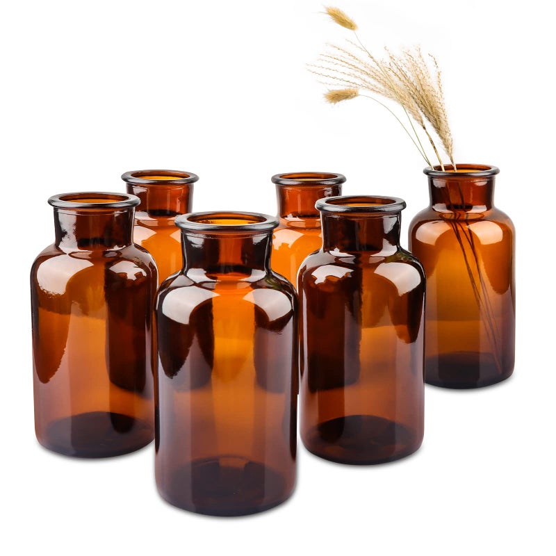 PINIWON Set of 6 Amber Bud Vases Small Glass Vases Vintage Medicine Bottles Apothecary Jars with Brush Flower Vases for Home Decor Wedding Centerpieces
