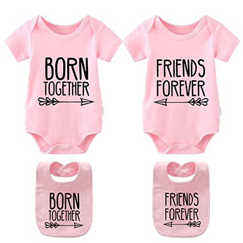 YSCULBUTOL Baby Twins Bodysuits Best Friends Forever Baby Clothes Set with Bibs Girl Outfit with hat (Pink, 0-3 Months) - Image 1