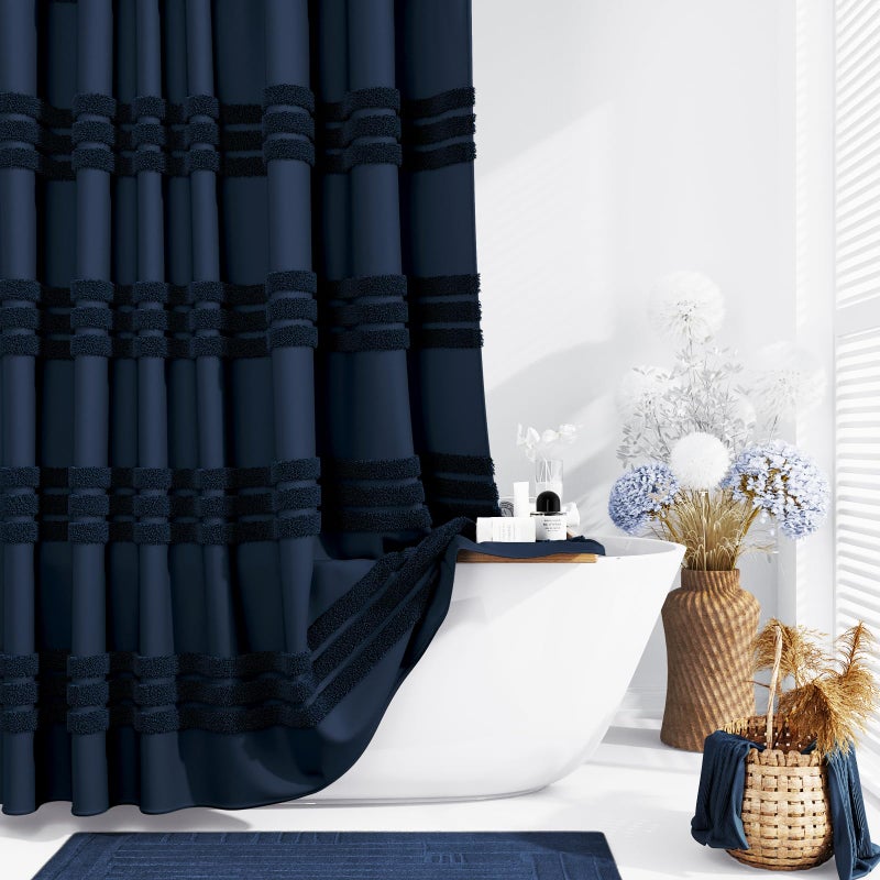 Dynamene Navy Blue Fabric Shower Curtain Tufted Chenille Striped Textured Cloth Shower Curtains for Bathroom Boho Farmhouse Shabby Chic Waterproof Shower Curtain Set with Hook Wrinkle Free 72x72 - Image 2