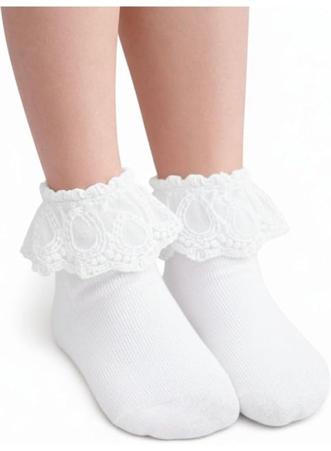 جوارب قطنية للبنات بتزيين دانتيل وكشكشة على الكاحل للفتيات الصغيرات