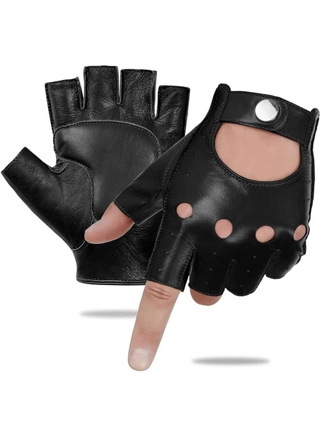 Men Genuine Fingerless Leather Gloves Driving Cycling Half Finger Motorcycle Unlined Gloves Punk - Image 2