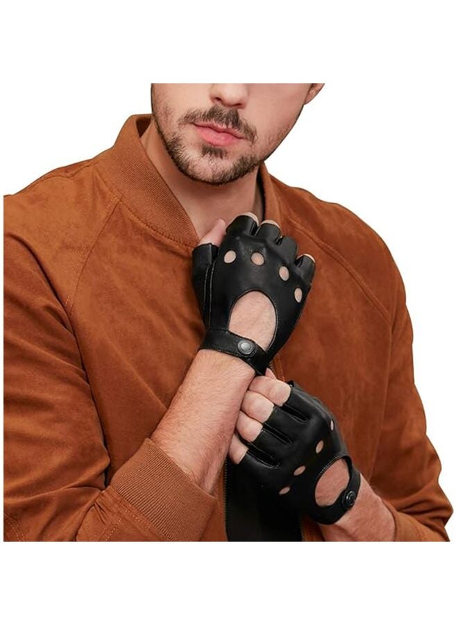 Men Genuine Fingerless Leather Gloves Driving Cycling Half Finger Motorcycle Unlined Gloves Punk - Image 4