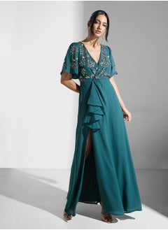 Maya Embellished V-Neck Side Slit Wrap Dress  - Image 1