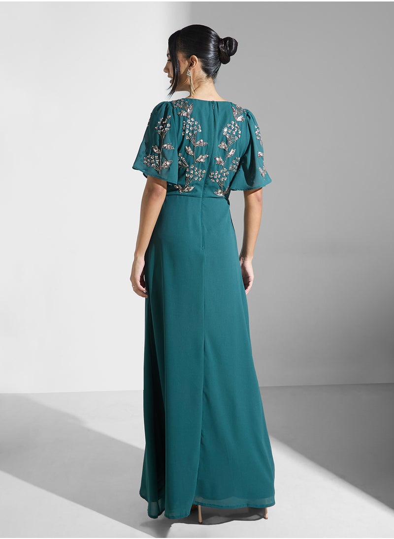 Maya Embellished V-Neck Side Slit Wrap Dress  - Image 2