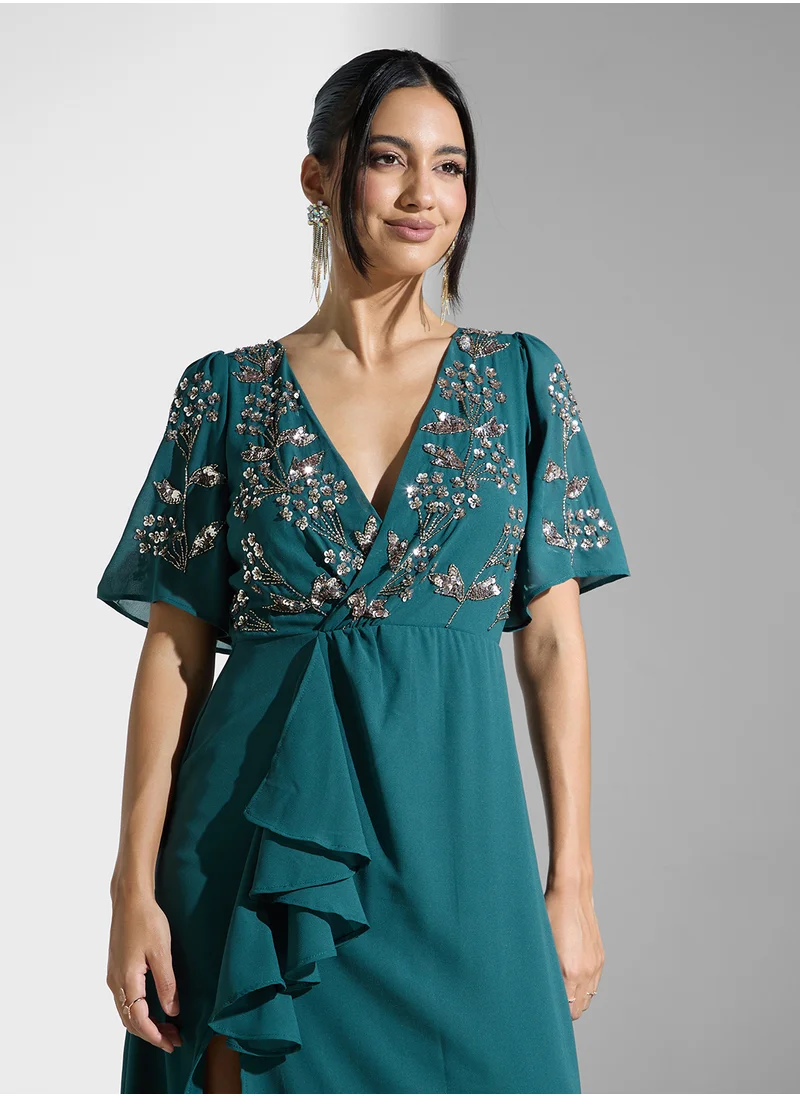 Maya Embellished V-Neck Side Slit Wrap Dress