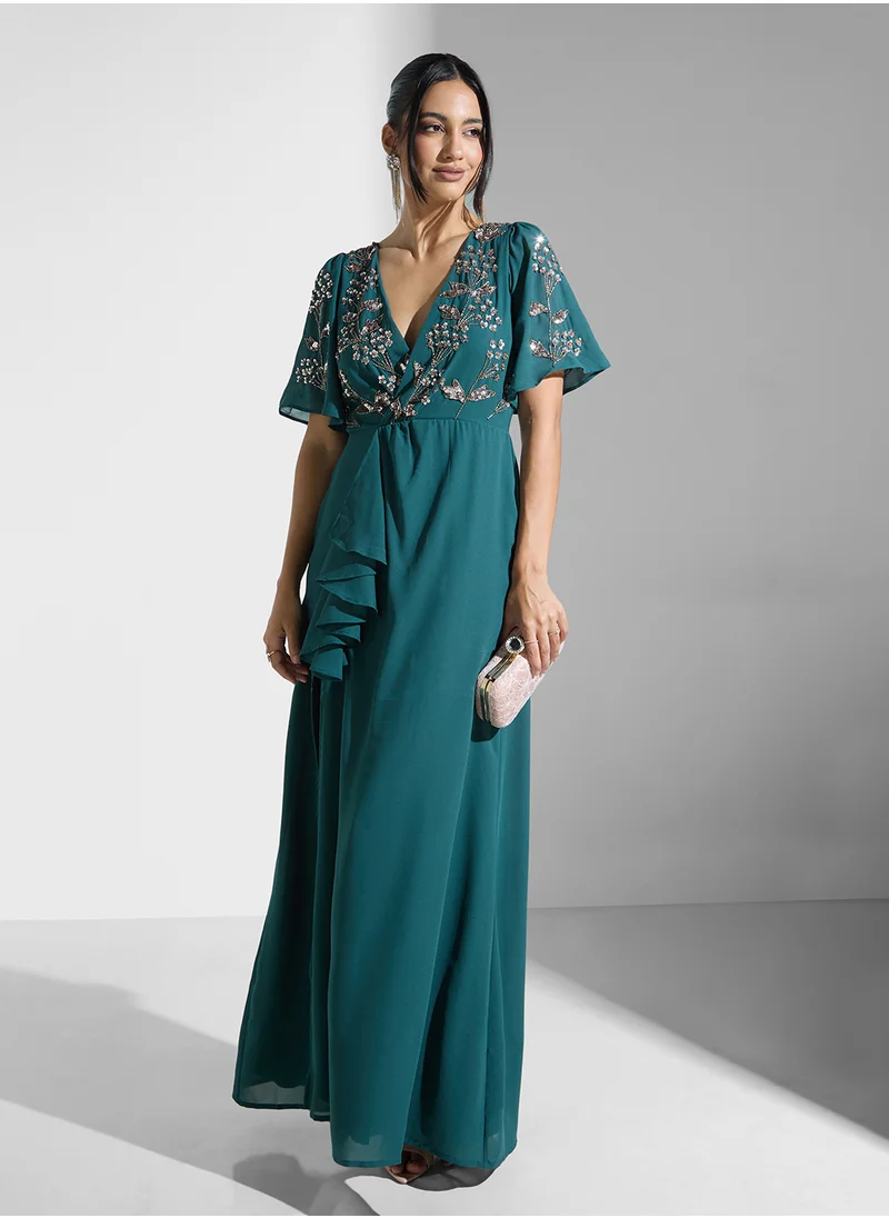 Maya Embellished V-Neck Side Slit Wrap Dress