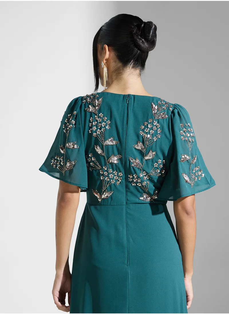 Maya Embellished V-Neck Side Slit Wrap Dress