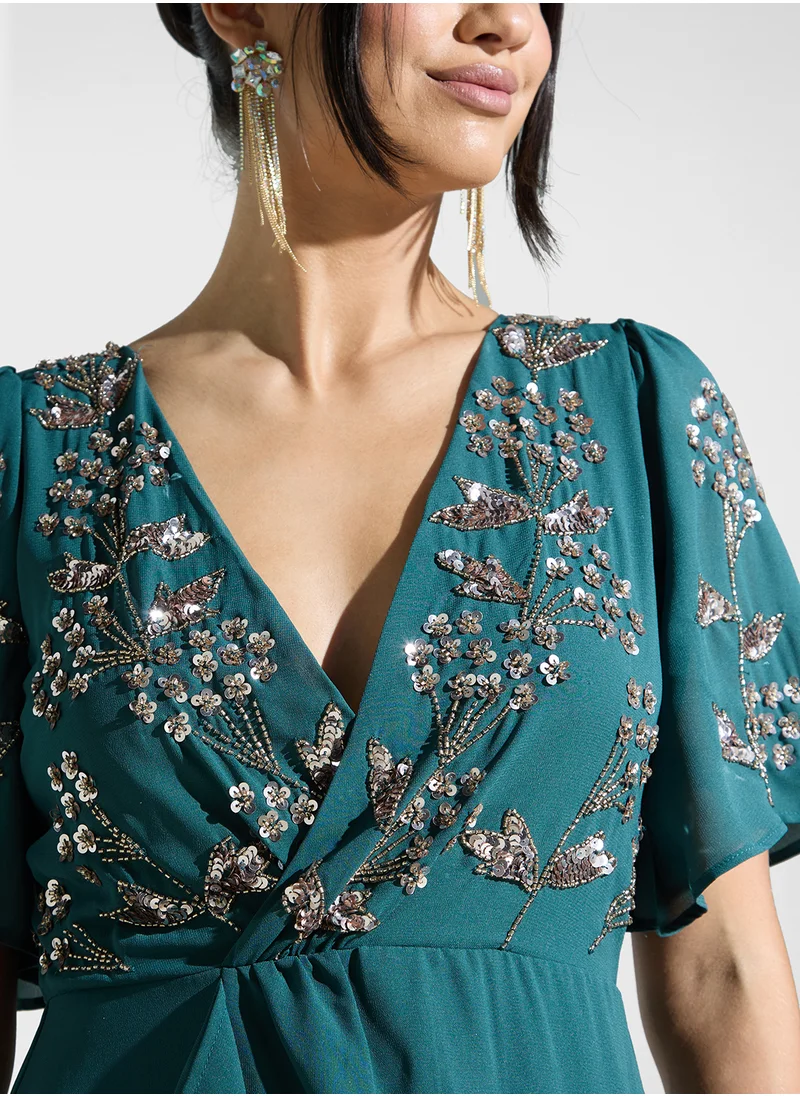 Maya Embellished V-Neck Side Slit Wrap Dress