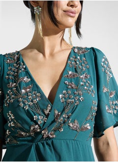 Maya Embellished V-Neck Side Slit Wrap Dress  - Image 4