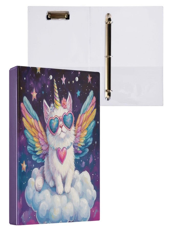 Wamika Unicorn Cat with Wings Round Ring Binders 1.5 Inch Galaxy Space Stars 3 Ring Clipboard Binder for Office School Work Supplies File Folder Document 200 Sheet Capacity Easy Open - Image 1
