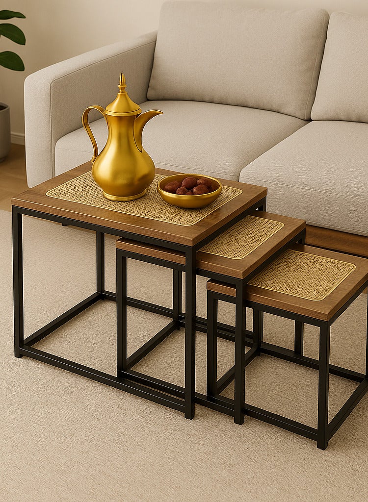 شي ون طقم طاولات مربعة من SHEE ONE بتصميم خشبي فاخر ولمسة قشّ طبيعية | طاولة جانبية أنيقة للزوايا والصالات | طاولة خدمة مثالية للمجالس | طاولة ضيافة عملية بتصميم متداخل لتوفير المساحة | طاولة ديكور عصرية بإطار معدني متين | الأبعاد: 50×45×45 سم، 45×40×40 سم، 40×34×35 سم - Image 5