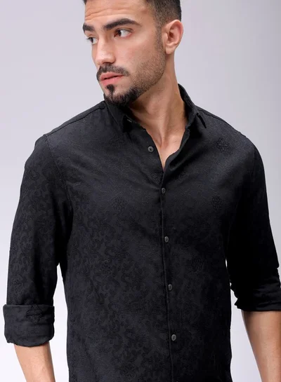 The Indian Garage Co Men Regular Fit Textured Solid Full Sleeves Cutaway Collar Resort Wear Shirt