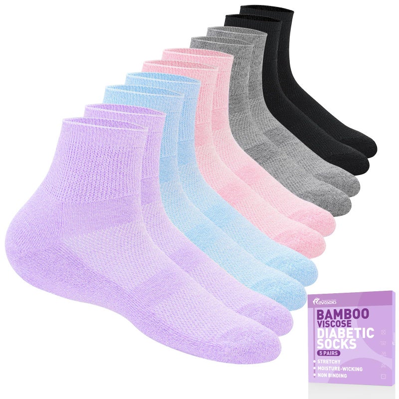 Revosoxs Diabetic Socks for Women Men,5 Pairs Non Binding Diabetic Ankle Wide Stretchy Loose Seamless Socks 7-9 9-11(Bright-Medium) - Image 1