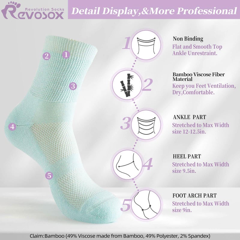 Revosoxs Diabetic Socks for Women Men,5 Pairs Non Binding Diabetic Ankle Wide Stretchy Loose Seamless Socks 7-9 9-11(Bright-Medium) - Image 5