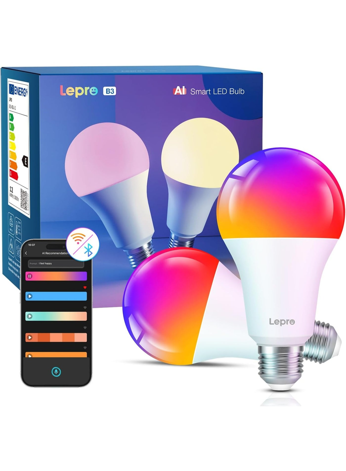 Lepro B3 AI Smart Bulb E27, 1521LM 12W (Replace 100W), Work with Alexa & Google Assistant, Music Sync Bluetooth & WiFi Bulb, Voice Control Screw Light Bulbs, Personalized AI Lighting Designer, 2 Packs
