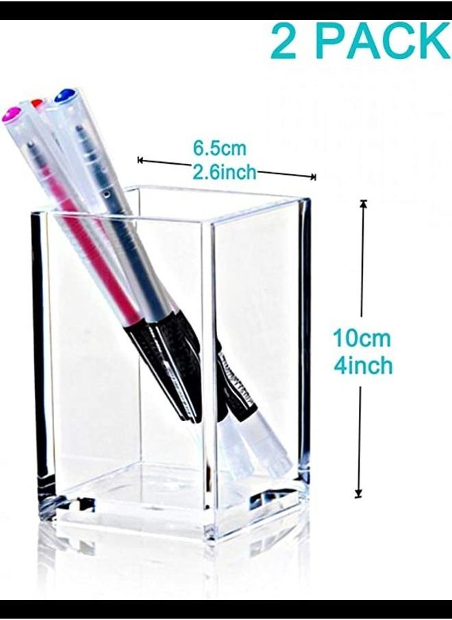 SMARTPOINTS - 2 Pack Clear Acrylic Pencil Pen Holder Cup,Desk Accessories Holder,Makeup Brush Storage Organizer,Modern Design Desktop Stationery Organizer for Office School Home Supplies,2.6x 2.6x 4 inches - Image 1