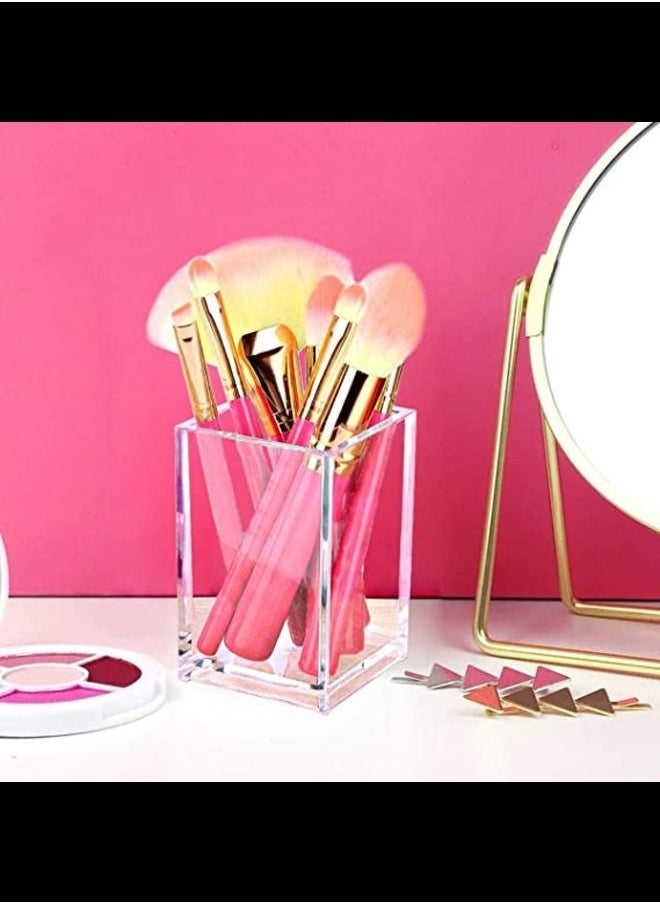 SMARTPOINTS - 2 Pack Clear Acrylic Pencil Pen Holder Cup,Desk Accessories Holder,Makeup Brush Storage Organizer,Modern Design Desktop Stationery Organizer for Office School Home Supplies,2.6x 2.6x 4 inches - Image 1