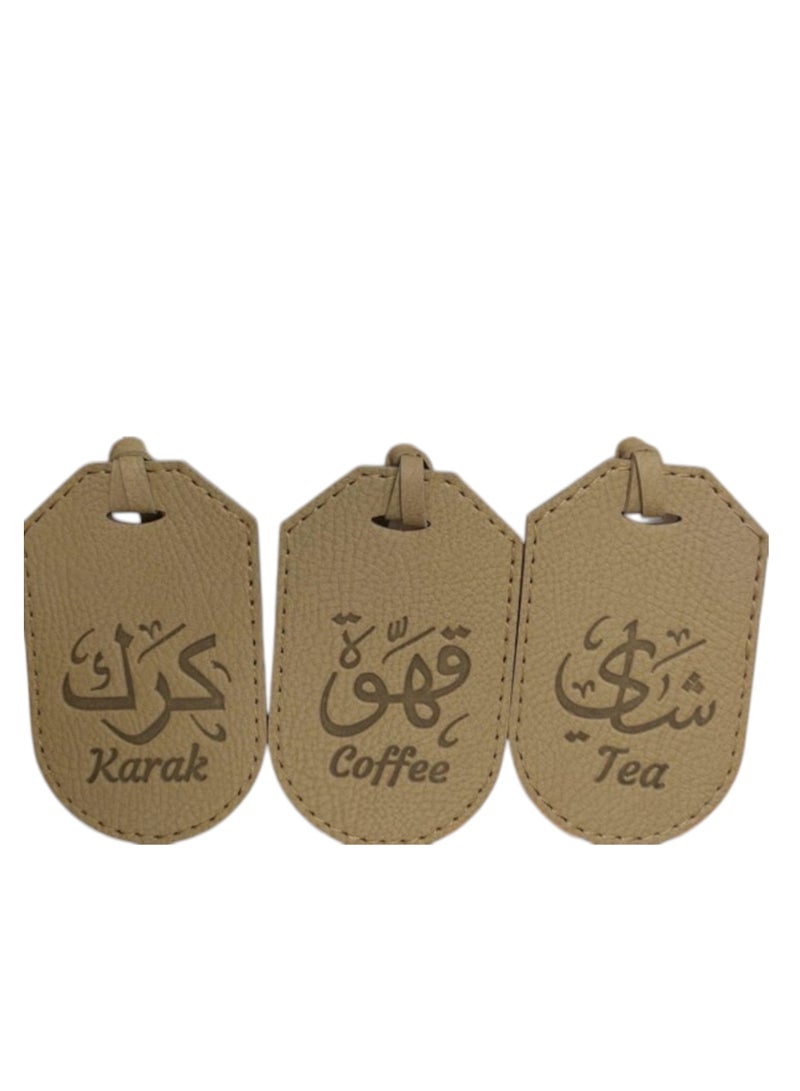 Bayti H.H. Selsela Leather Hanging Tags – Elegant Dallah Name Labels for Tea, Karak & Coffee Set A (Beige set of 3)