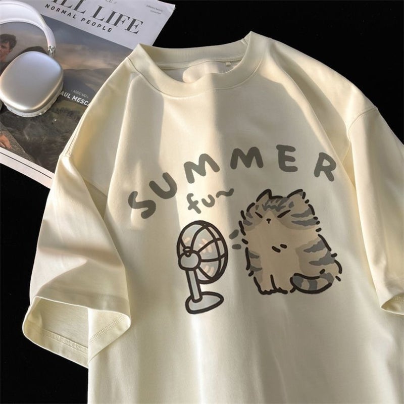 Design Sense Niche Short Sleeve T-Shirt Women Kitten Print Hong Kong Style Summer Half Sleeve Couple Loose All-Match - Image 1