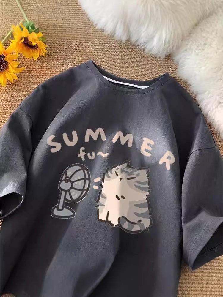 Design Sense Niche Short Sleeve T-Shirt Women Kitten Print Hong Kong Style Summer Half Sleeve Couple Loose All-Match - Image 5