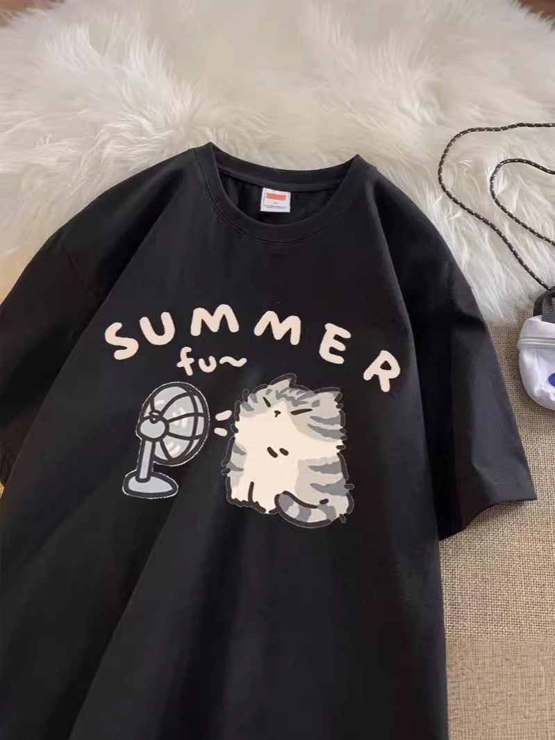 Design Sense Niche Short Sleeve T-Shirt Women Kitten Print Hong Kong Style Summer Half Sleeve Couple Loose All-Match - Image 4