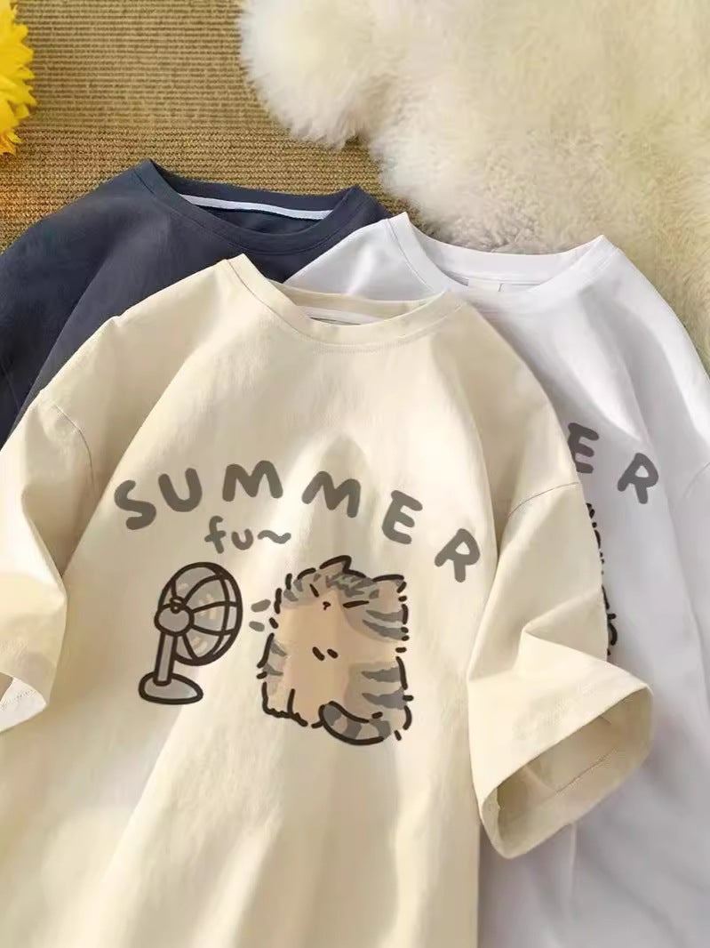 Design Sense Niche Short Sleeve T-Shirt Women Kitten Print Hong Kong Style Summer Half Sleeve Couple Loose All-Match - Image 2
