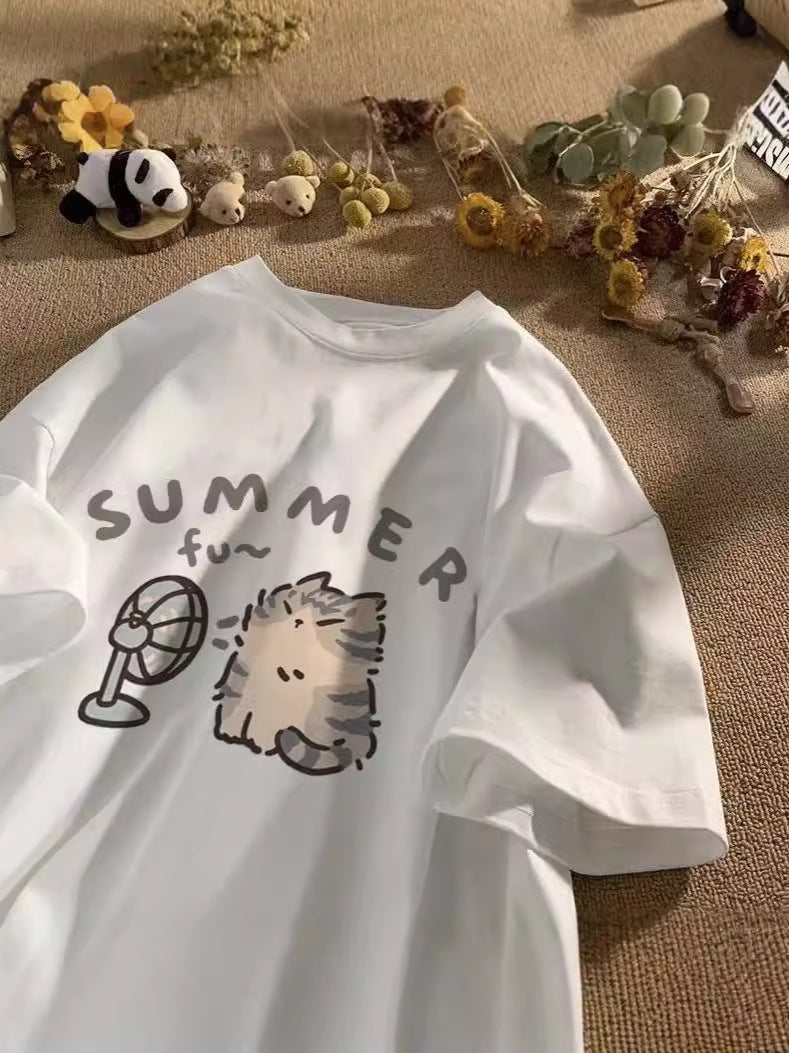 Design Sense Niche Short Sleeve T-Shirt Women Kitten Print Hong Kong Style Summer Half Sleeve Couple Loose All-Match - Image 3