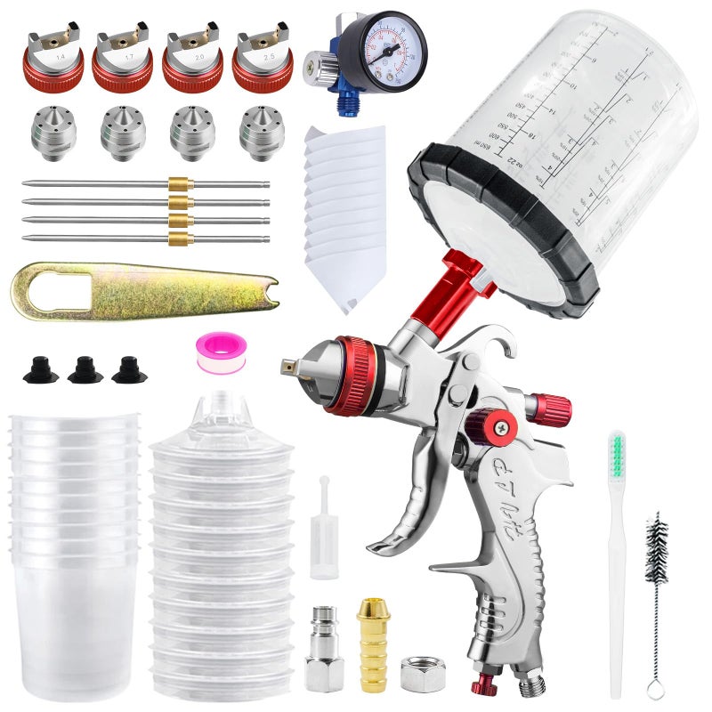 BENTOHKLE HVLP Gravity Fed Air Spray Gun with 1.4/1.7/2.0/2.5 mm Nozzles and 650 cc Mixing Cups, Spray Paint Gun for Automotive Refinishing and Home Wall Finishing Applications (Red) - Image 1