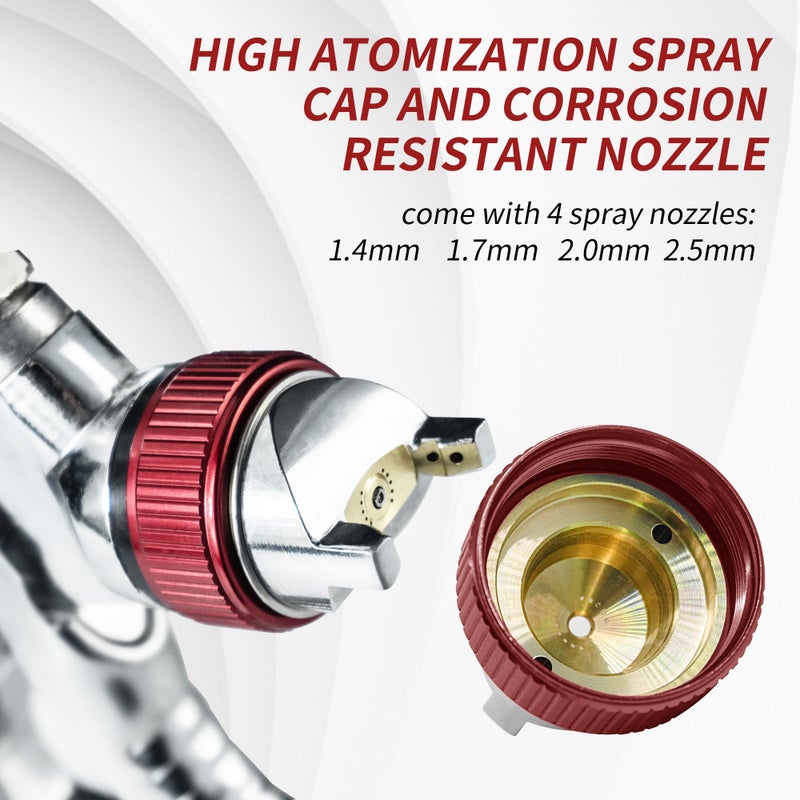 BENTOHKLE HVLP Gravity Fed Air Spray Gun with 1.4/1.7/2.0/2.5 mm Nozzles and 650 cc Mixing Cups, Spray Paint Gun for Automotive Refinishing and Home Wall Finishing Applications (Red) - Image 2