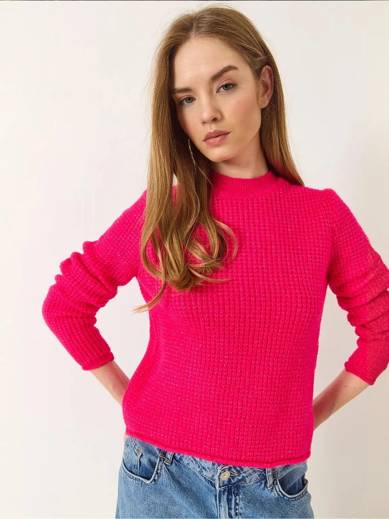 Bianco Lucci Magenta Pink LUCCI Textured Ribbed Crew Neck Sweater for Women | Best Price UAE