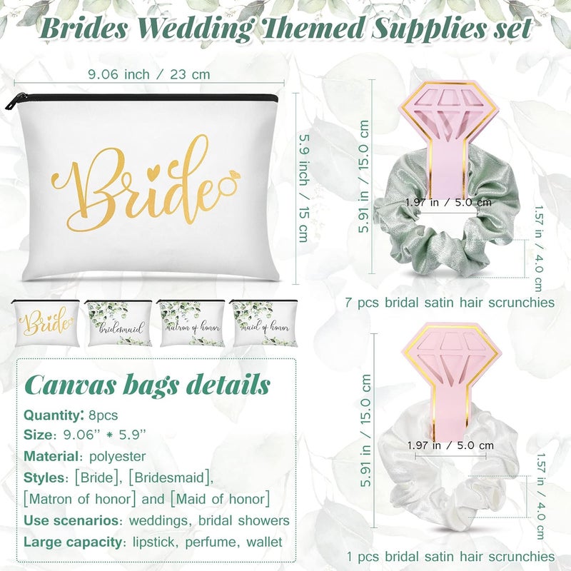 Reginary 24 Pieces Bridesmaid Proposal Gifts Wedding Makeup Bag Gift Set Includes 8 Bridesmaid Makeup Bags 8 Satin Hair Scrunchies 8 Bridesmaid Compact MirrorsGreen Leaves - Image 2