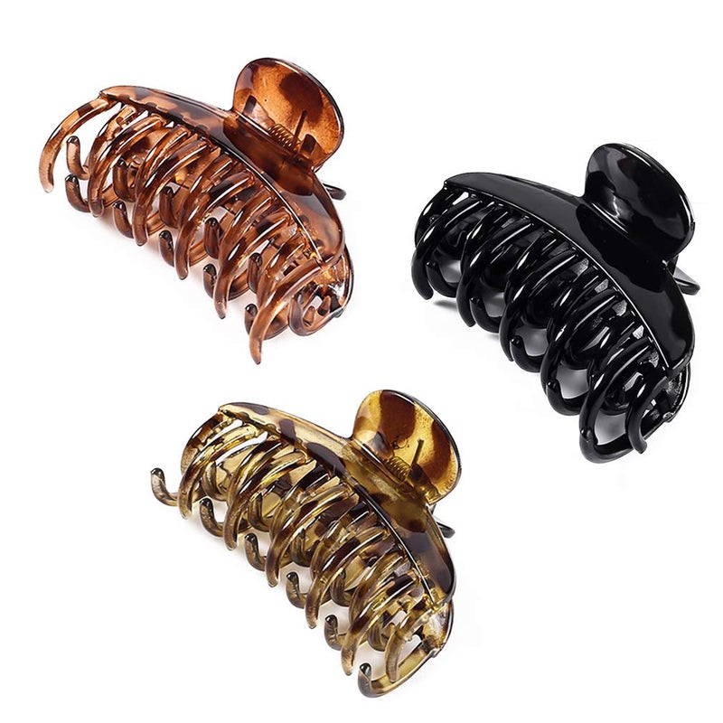 DEEKA 3 PCS 25 Inch Tortoise Shell Hair Claw Clips Double Row Teeth Plastic Hair Jaw Clips Hair Barrettes Thick Medium Thin Hair Clips for Women