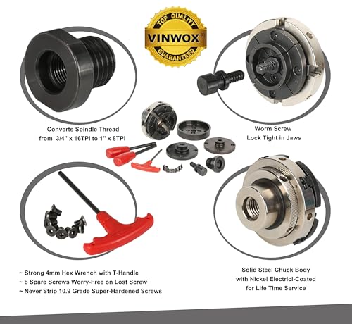 VINWOX SCR4-4NV-SET 4" Wood Lathe Scroll Chuck Set, 4-Jaw Self-Centering Chuck-Set, with Nickle electric Coating Body & 1"x8TPI thread & 3/4"x16TPI Adapter - Image 2