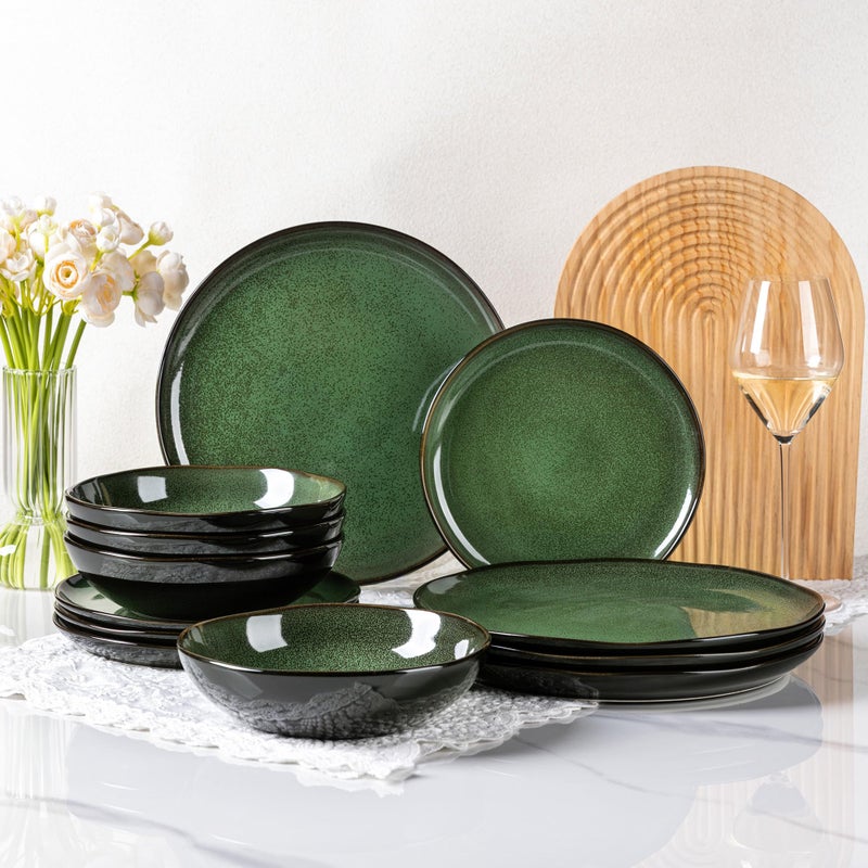 LeRatio Ceramic Dinnerware Sets for 4,Wavy Reactive Glaze Stoneware Plates and Bowls Sets,Highly Scratch Resistant | Dishwasher & Microwave,Oven Safe Dishes Set(12PCS) - Image 1
