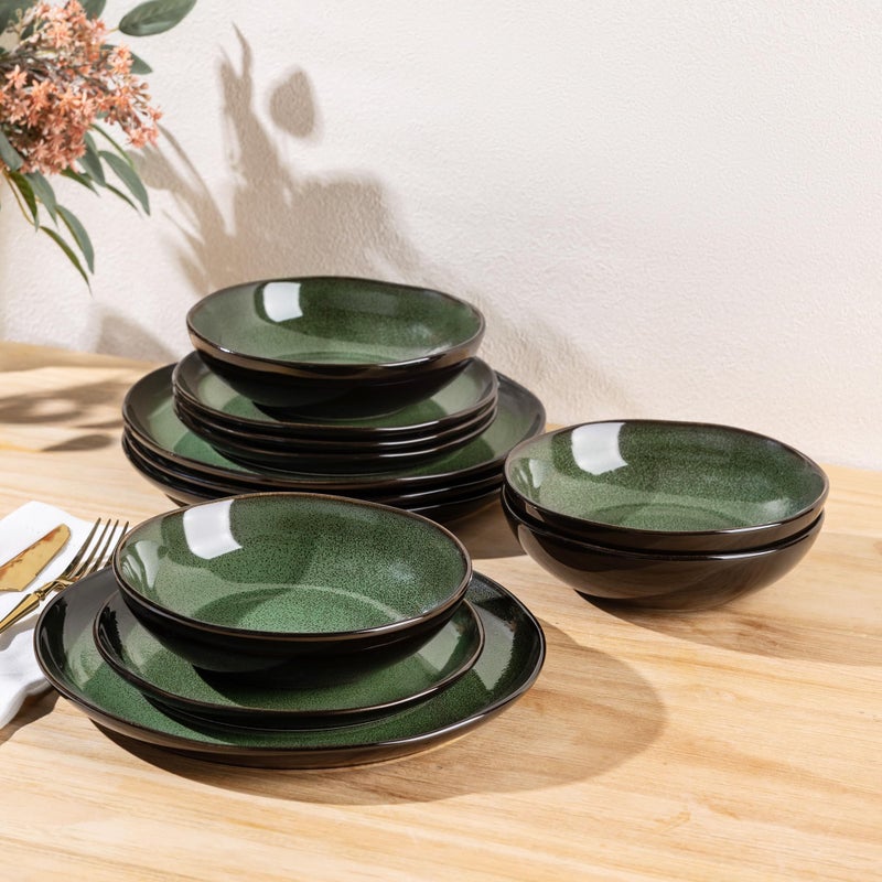LeRatio Ceramic Dinnerware Sets for 4,Wavy Reactive Glaze Stoneware Plates and Bowls Sets,Highly Scratch Resistant | Dishwasher & Microwave,Oven Safe Dishes Set(12PCS) - Image 3