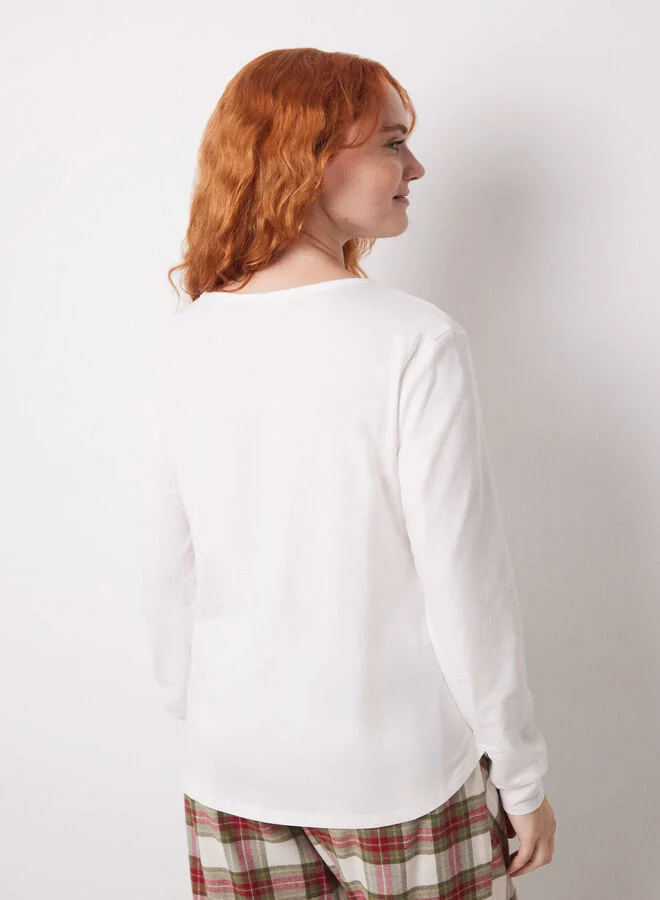 women'secret Ivory 100% Cotton Long-Sleeved T-Shirt
