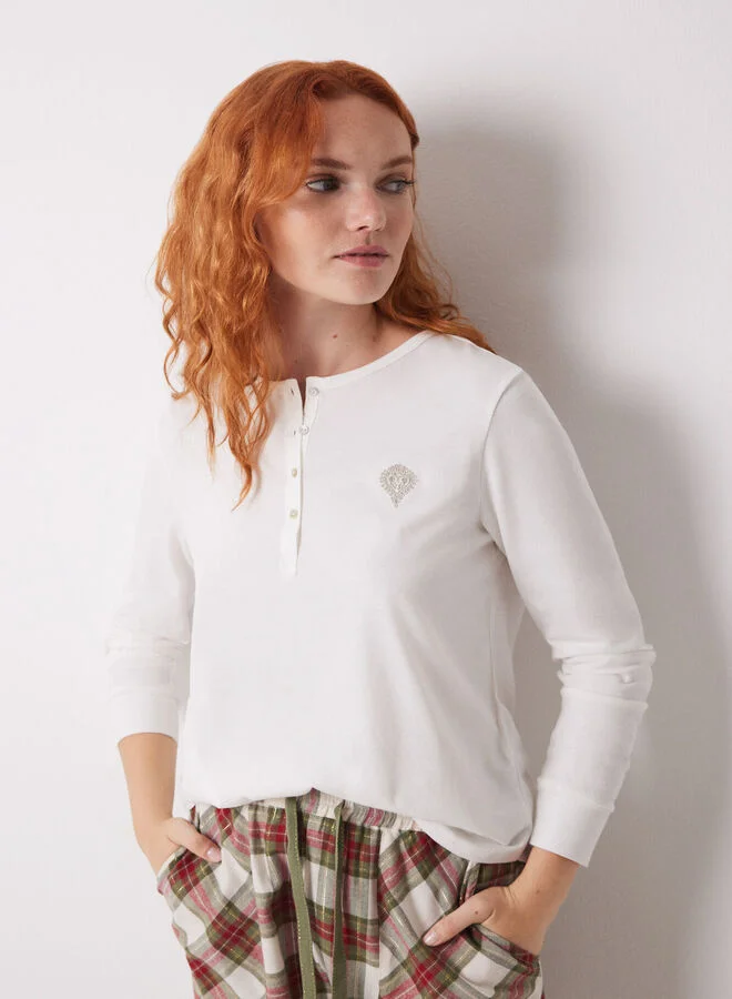women'secret Ivory 100% Cotton Long-Sleeved T-Shirt