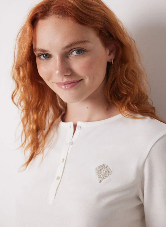 women'secret Ivory 100% Cotton Long-Sleeved T-Shirt