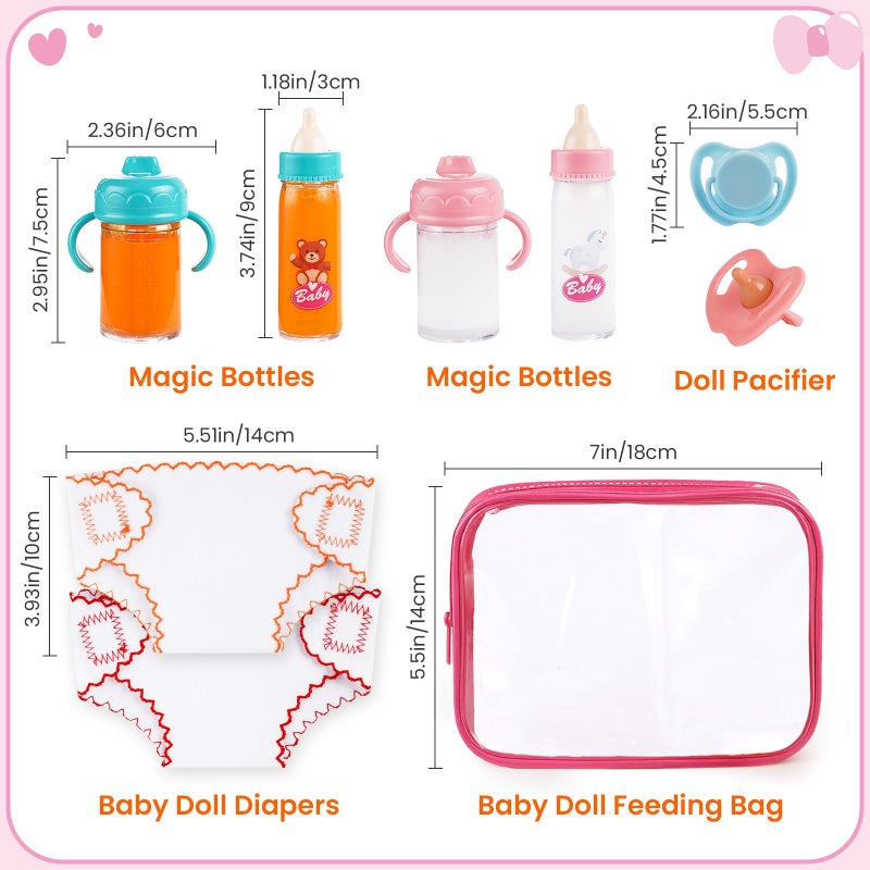BABESIDE Baby Doll Accessories â€“ 9 Pcs Feeding Set with Magic Bottles, Pacifiers, Bibs, Diapers & Carry Bag, Pretend Play Kit for 12â€“15 Inch Dolls - Image 3