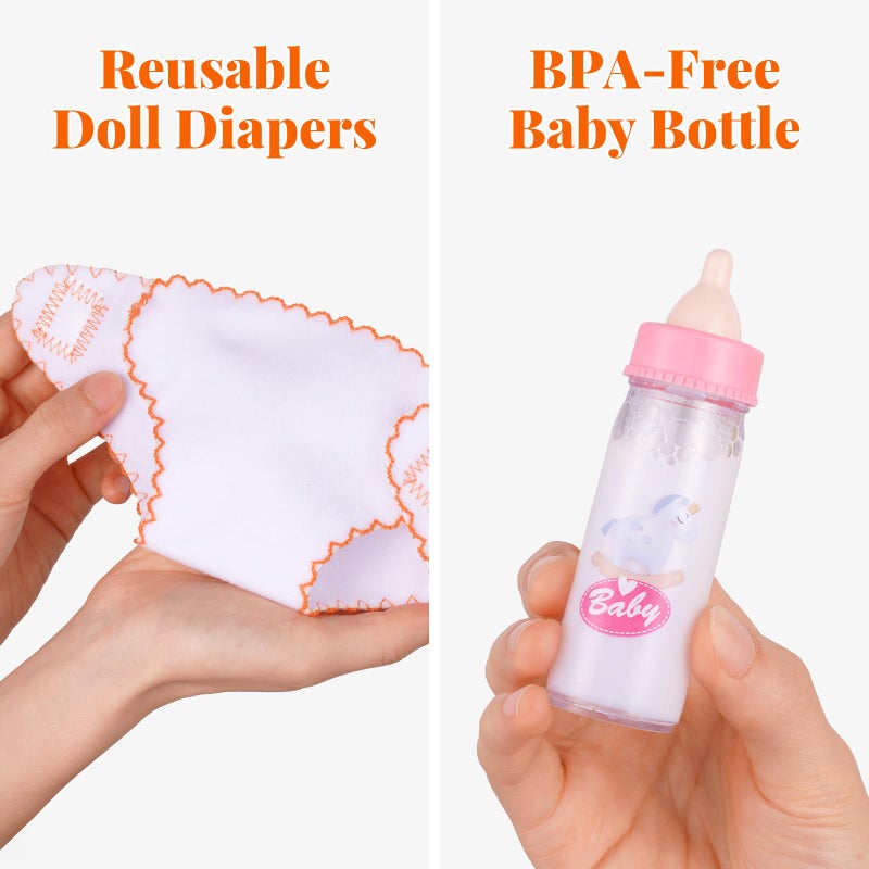 BABESIDE Baby Doll Accessories â€“ 9 Pcs Feeding Set with Magic Bottles, Pacifiers, Bibs, Diapers & Carry Bag, Pretend Play Kit for 12â€“15 Inch Dolls - Image 5
