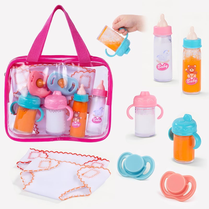 BABESIDE Baby Doll Accessories â€“ 9 Pcs Feeding Set with Magic Bottles, Pacifiers, Bibs, Diapers & Carry Bag, Pretend Play Kit for 12â€“15 Inch Dolls - Image 1