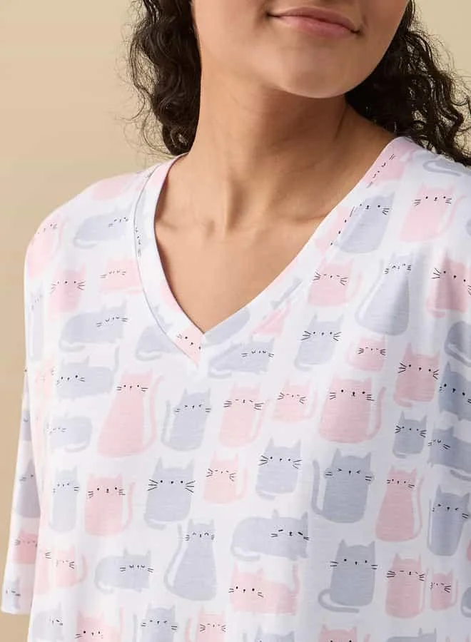Splash FAV Printed Sleepshirt with V-neck and Short Sleeves