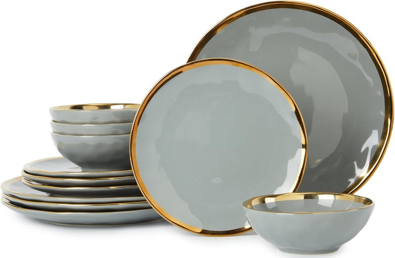 Pokini Porcelain Luxury Dinnerware Sets Modern Plates and Bowls Sets for 4 Highly Chip and Crack Resistant Grey and Gold Rim China Dishes Set for Wedding Anniversary - Image 1